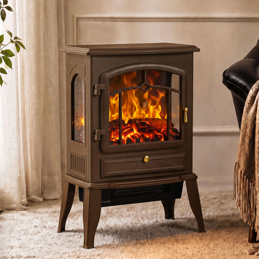 HOMCOM 3-Sided Brown Electric Fireplace Stove with Realistic Log Flame Effect Image 2
