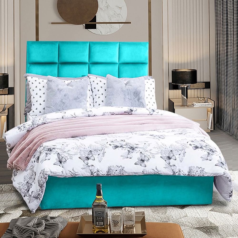 Eleganza Home Snoozer Small Double Teal Plush Velvet Divan Bed with Headboard Image 1