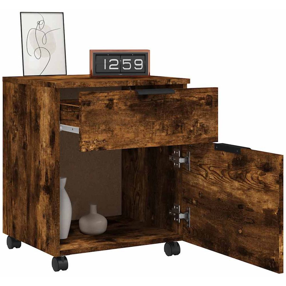 vidaXL Single Door Single Drawer Smoked Oak File Cabinet with Swivel Wheels Image 5