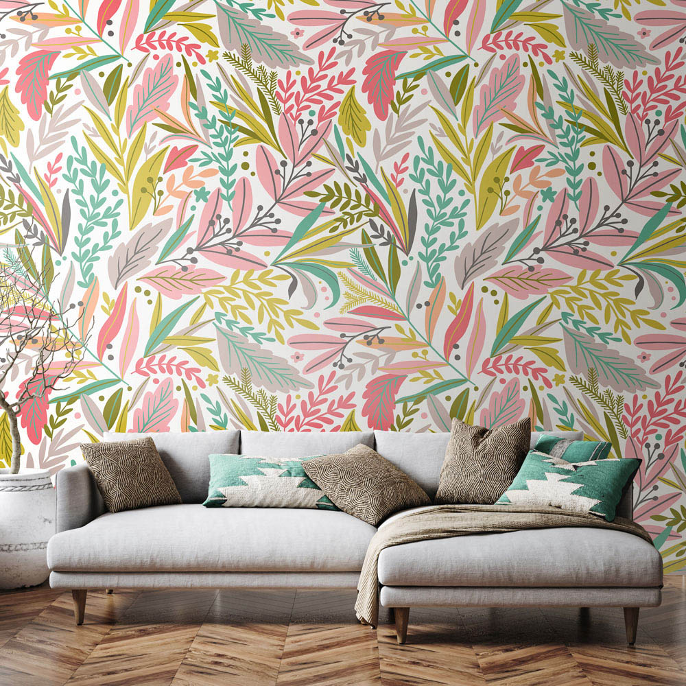Origin Murals Repeatable Patterned Leaves Olive and Blush 3 Drop Wall Mural Image 3