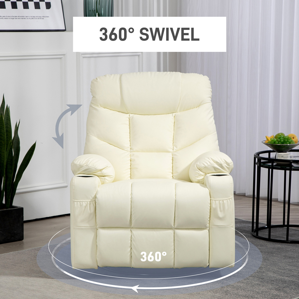 HOMCOM Cream White PU Leather Swivel Manual Recliner Armchair with Adjustable Leg Rest Image 6