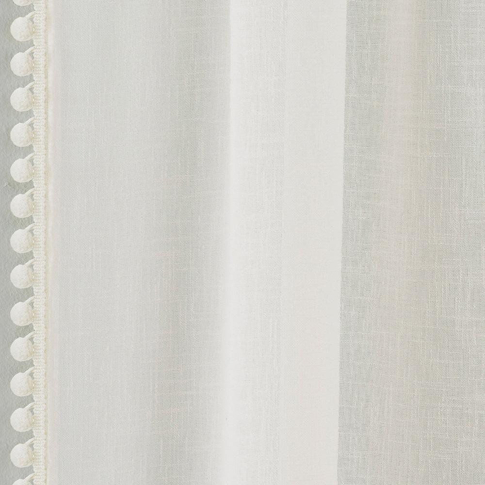 Tyrone Textiles Tahiti Cream Linen Look Pom Pom Trim Rod Pocket Voile Panel Curtains 140 x 137cm Image 3