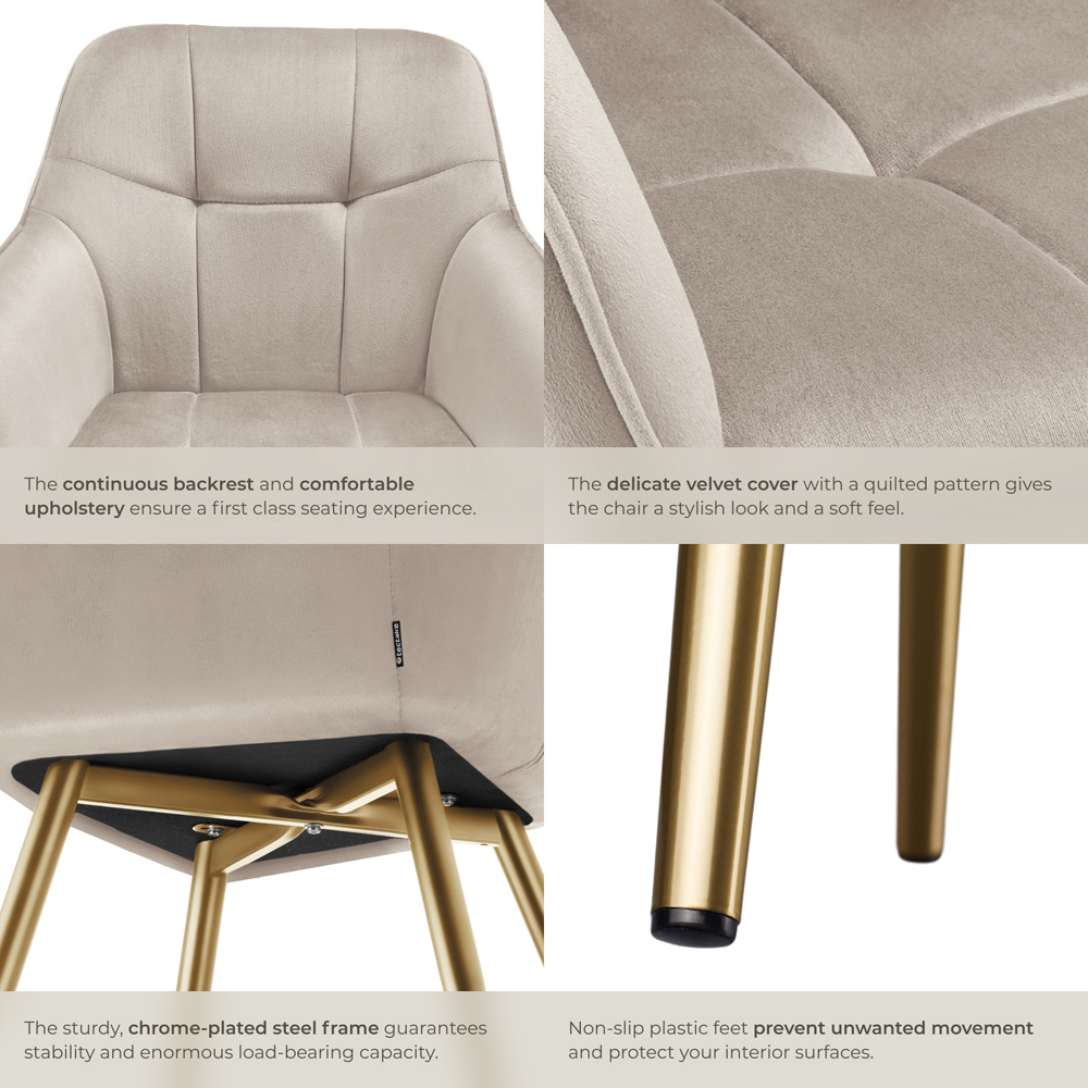 Tectake Marilyn Tauper and Gold Quilted Velvet Continuous Backrest Chair Set of 6 Image 5
