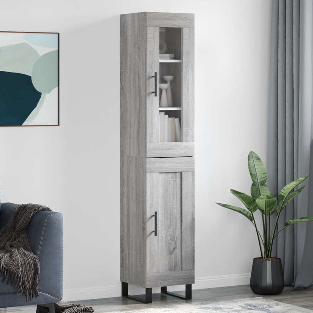 vidaXL 2 Glass and Wood Door Grey Sonoma Tall Highboard with Black Handle Image 1