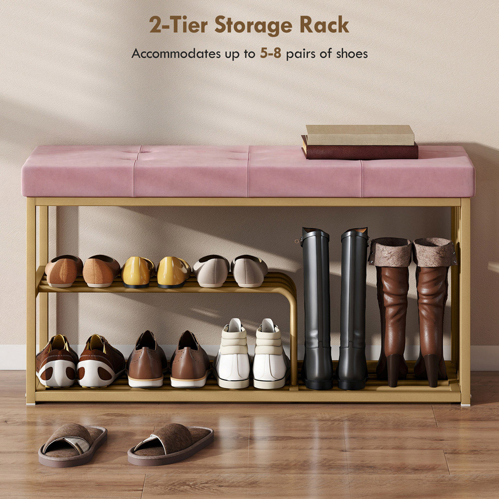 Portland 3 Shelf Pink Shoe Rack Bench with Tufted Cushion Seat Image 5