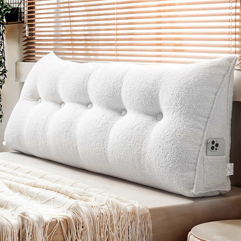 Living and Home Beige Teddy Fleece Wedge Headboard Pillow with Side Pocket 50 x 180cm Image 2