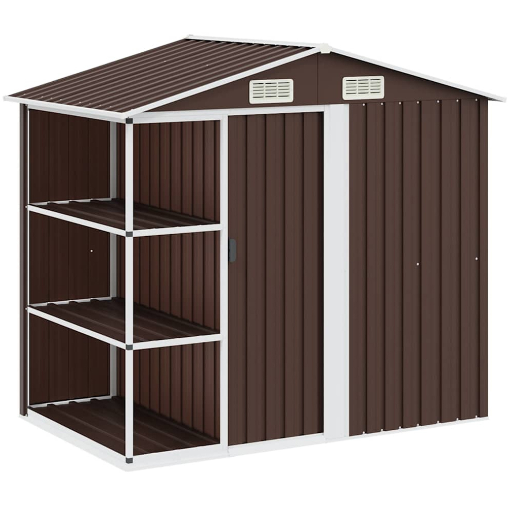 vidaXL 6.7 x 4.3ft Brown Galvanised Iron Apex Garden Shed with Log Rack Image 1
