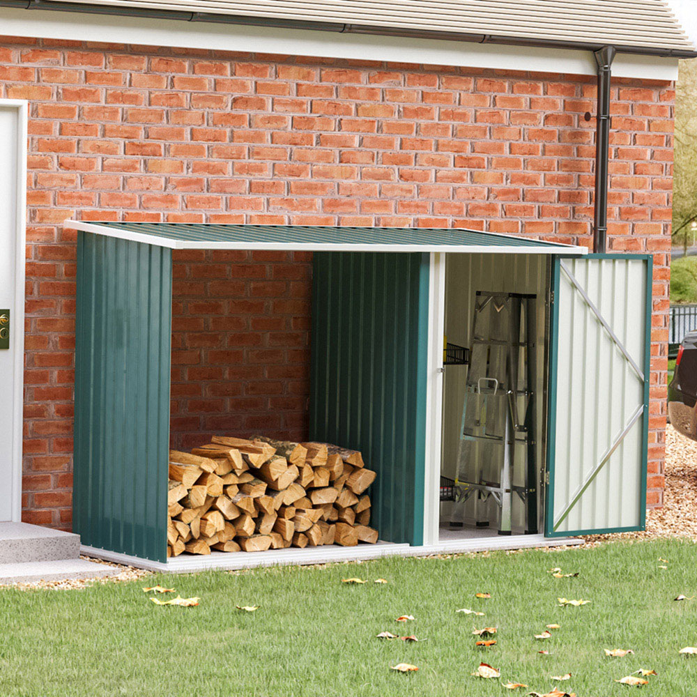 Living and Home 5.2 x 8.2ft Green Steel Garden Storage Shed with Log Rack Image 2