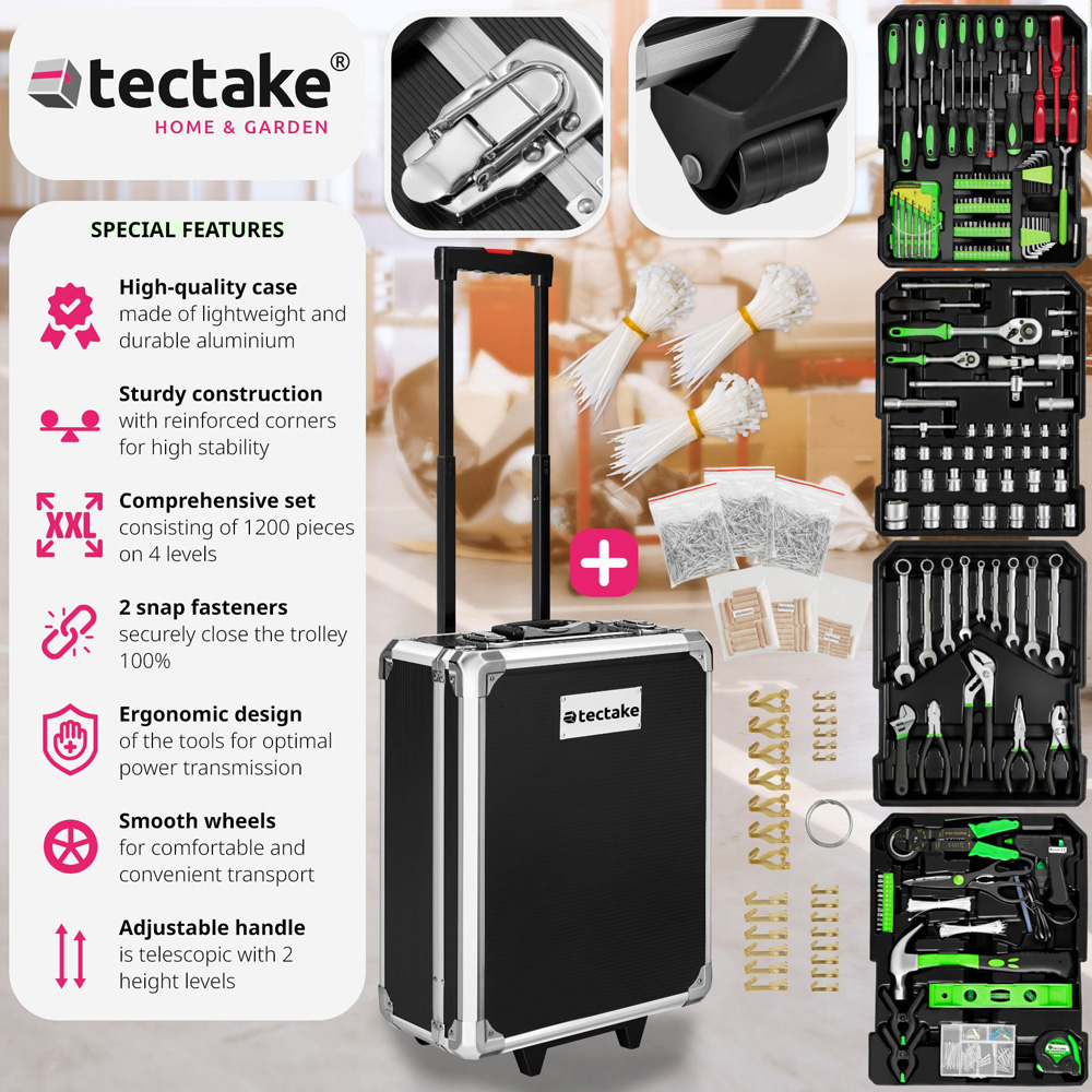 Tectake Black 1200 Piece Tool Box Set with Wheels Image 3