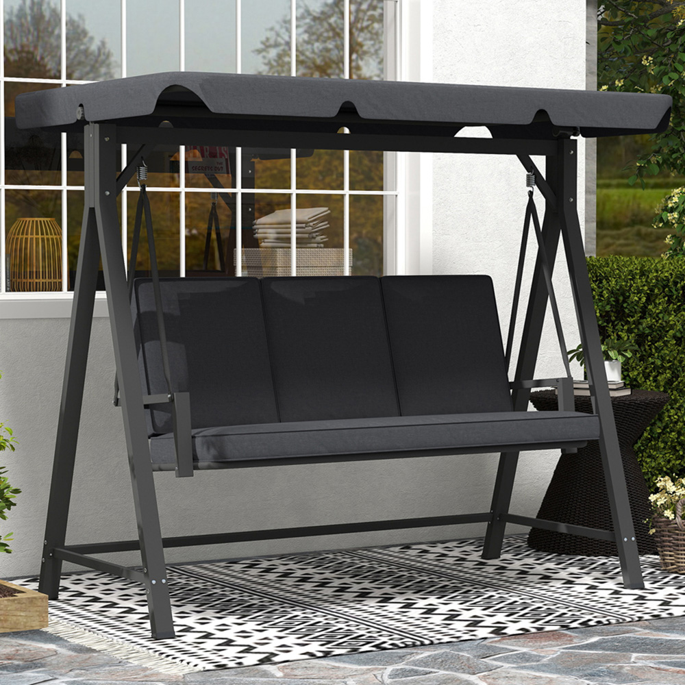 Outsunny 3 Seater Grey Garden Swing Bench with Adjustable Canopy and Cushion Image 1