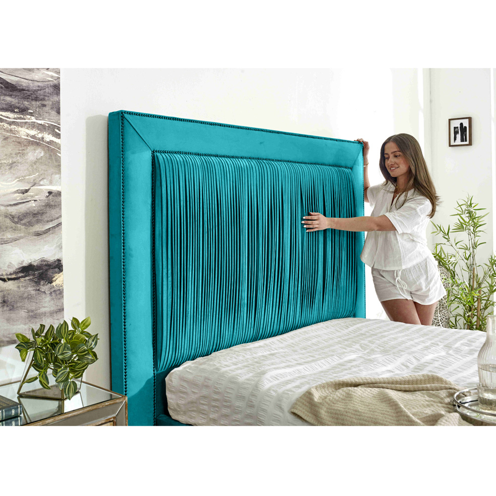 Eleganza Alexandra Single Teal Plush Velvet Bed Frame with Pleated Headboard Image 2