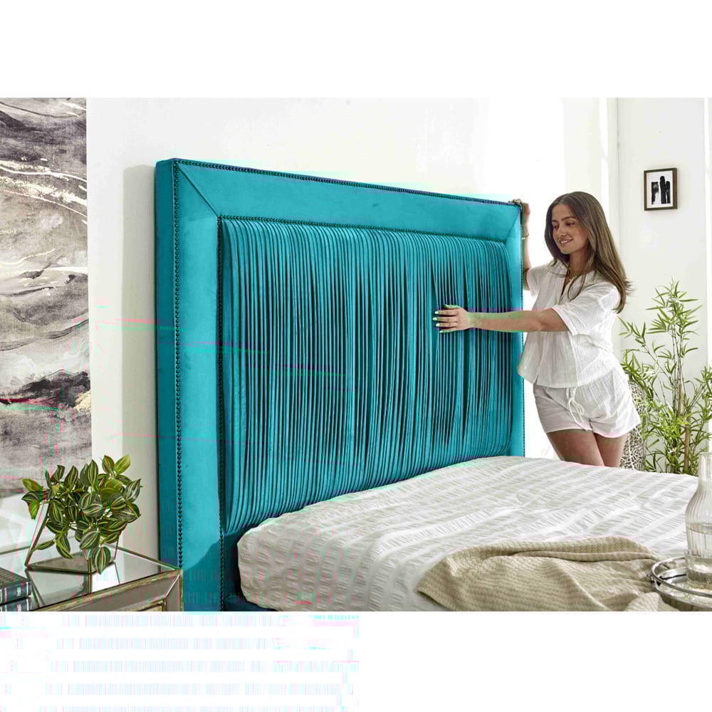 Eleganza Alexandra King Size Teal Plush Velvet Bed Frame with Pleated Headboard Image 2