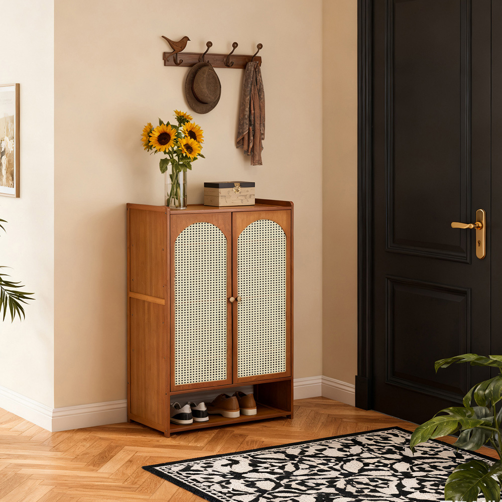 Living and Home 2 Door Single Open Shelf Brown Rattan Tall Shoe Cabinet Image 7
