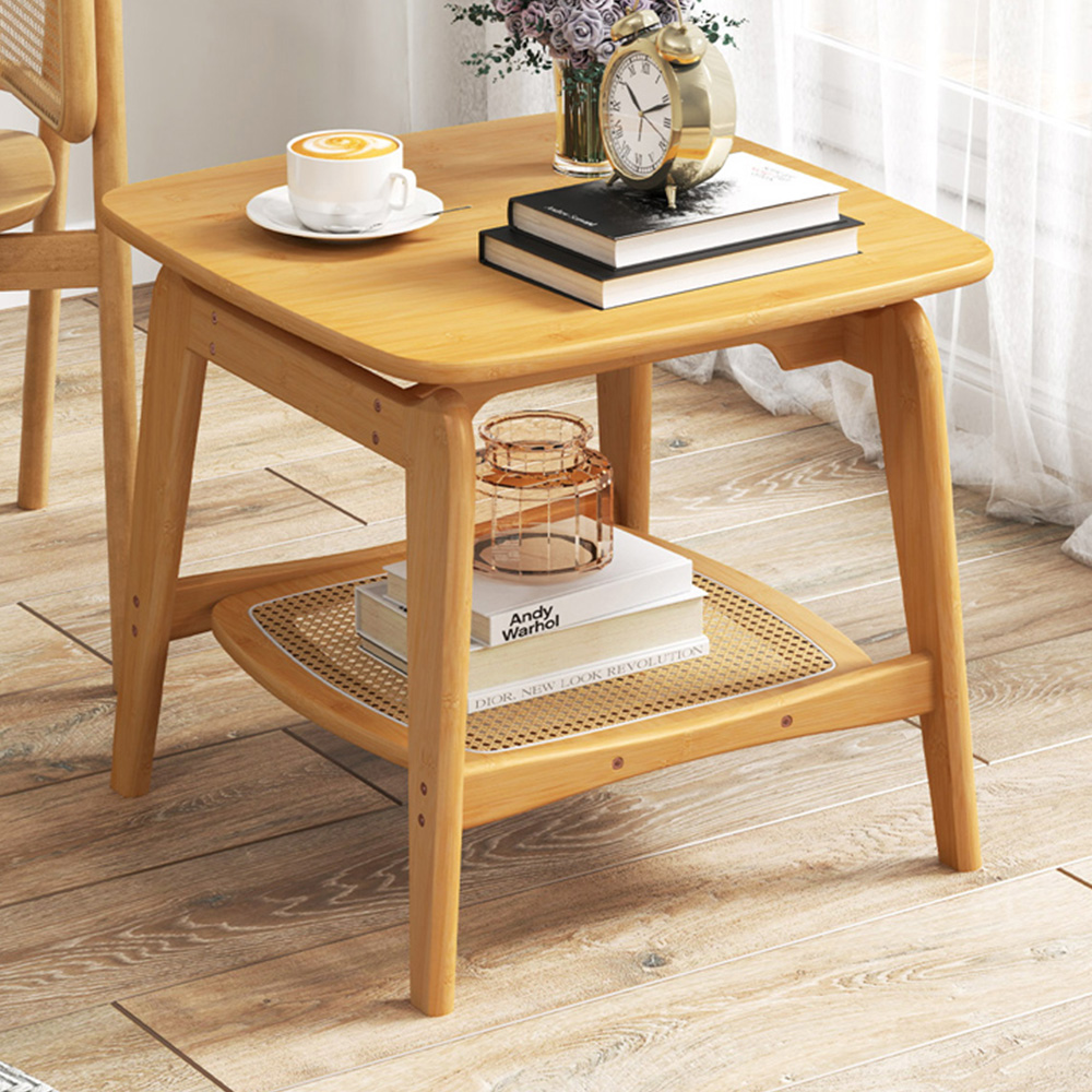 Costway Single Shelf Bamboo and Faux Rattan Natural Side Table Image 1