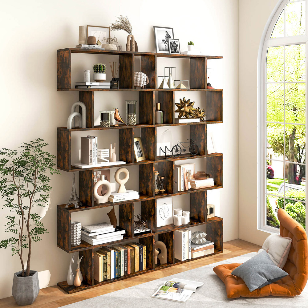 Costway 6 Shelf Brown S Shaped Wooden Industrial Bookshelf Image 4