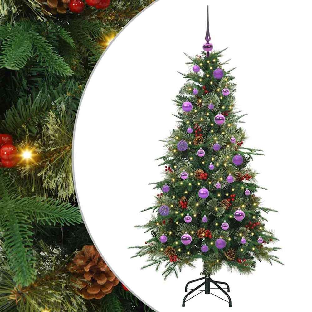 vidaXL Pre-Lit Lilac Baubles Green Artificial Hinged Christmas Tree 5ft Image 2