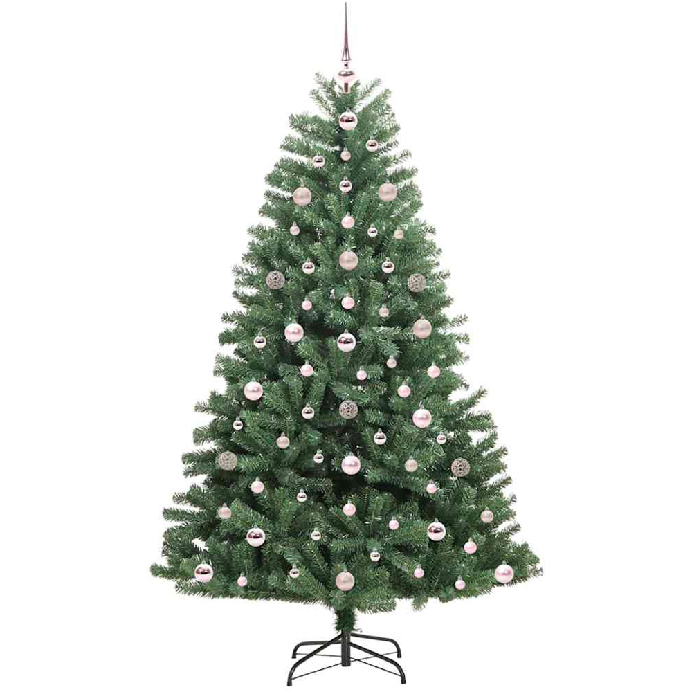 vidaXL Pre-Lit Pink Baubles Green Artificial Hinged Christmas Tree 6ft Image 4