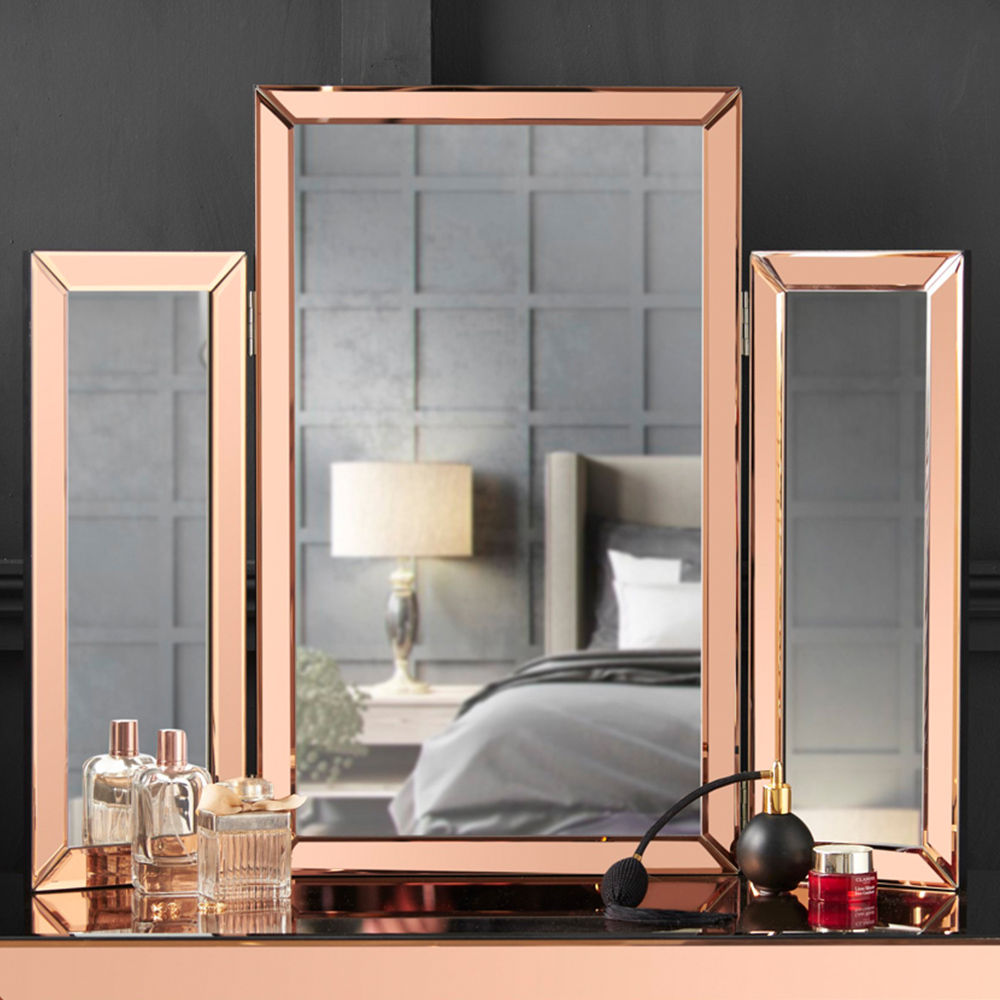 CARME Home Paloma Rosegold Luxury Tri-Fold Folding Tabletop Mirror Vanity Image 2