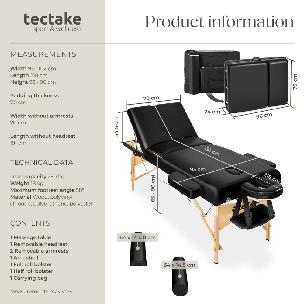 tectake Black 3 Zone Somwang Massage Table with Headrest Armrests Footrest and Bolster Set Image 9