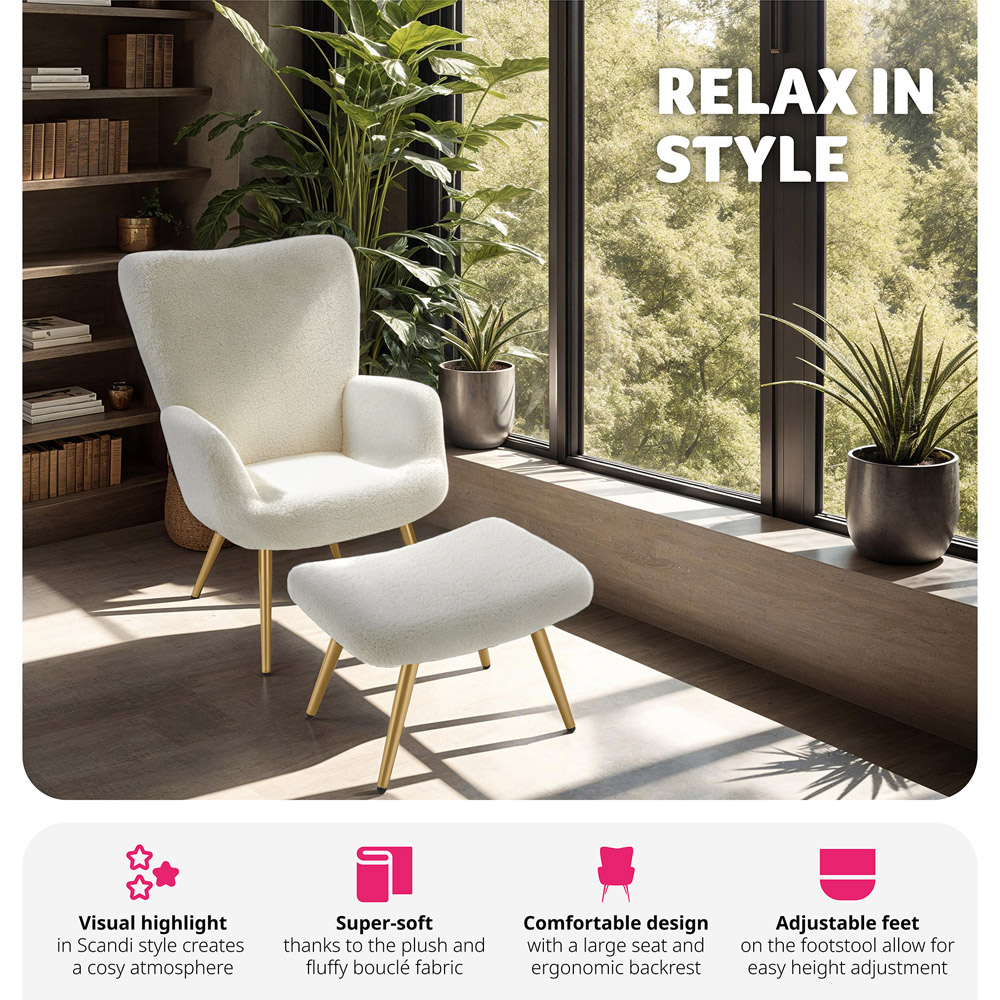 tectake Hygge Cream and Gold Boucle Armchair with Stool Image 4