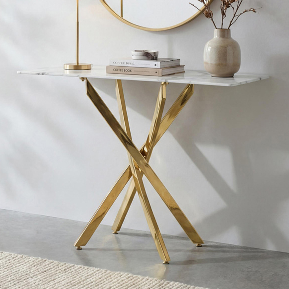 wilko Monaco Gold and White Marble Glass Console Table Image 1