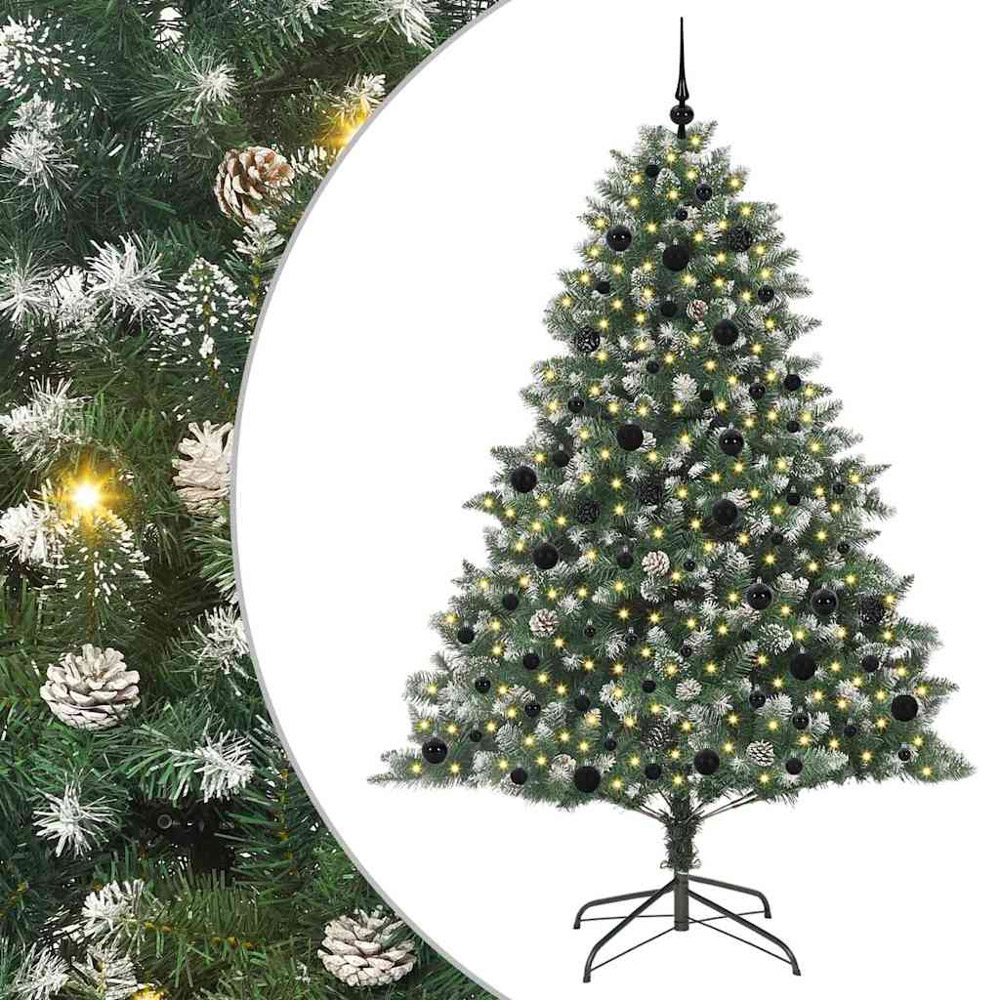 vidaXL Pre-Lit Black Baubles Green Artificial Snow Tipped Christmas Tree 7ft Image 2