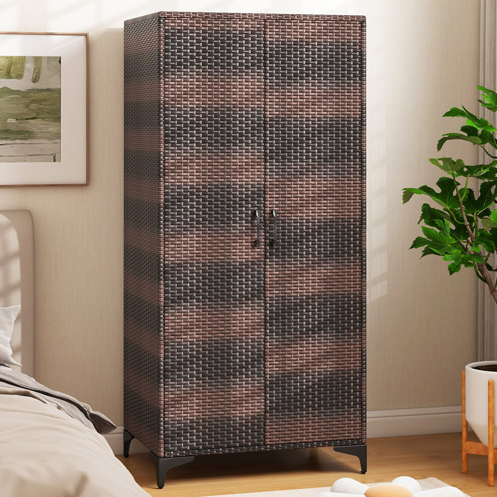 Costway 4 Storage Cube Brown Rattan Wardrobe Armoire Closet Image 1
