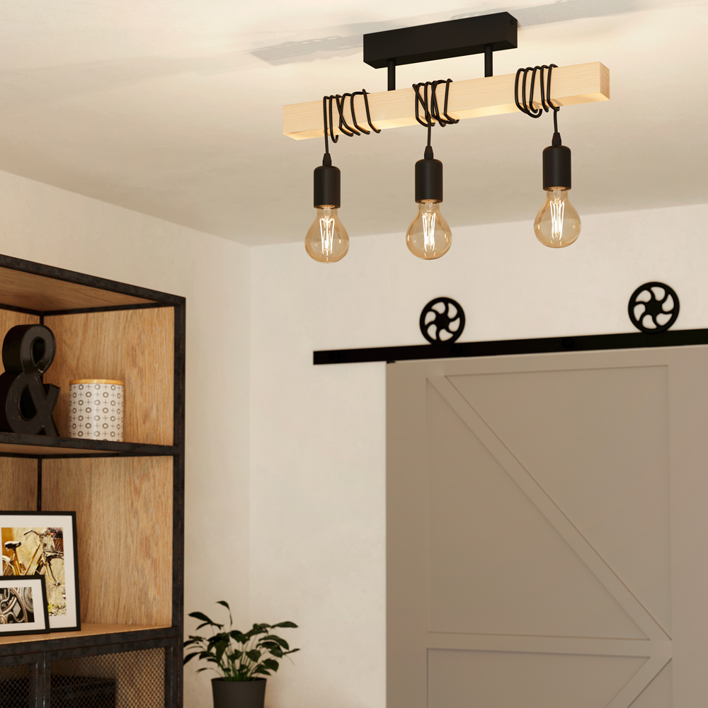 EGLO Townshend Metal and Wood Black 3 Light Pendant Image 2