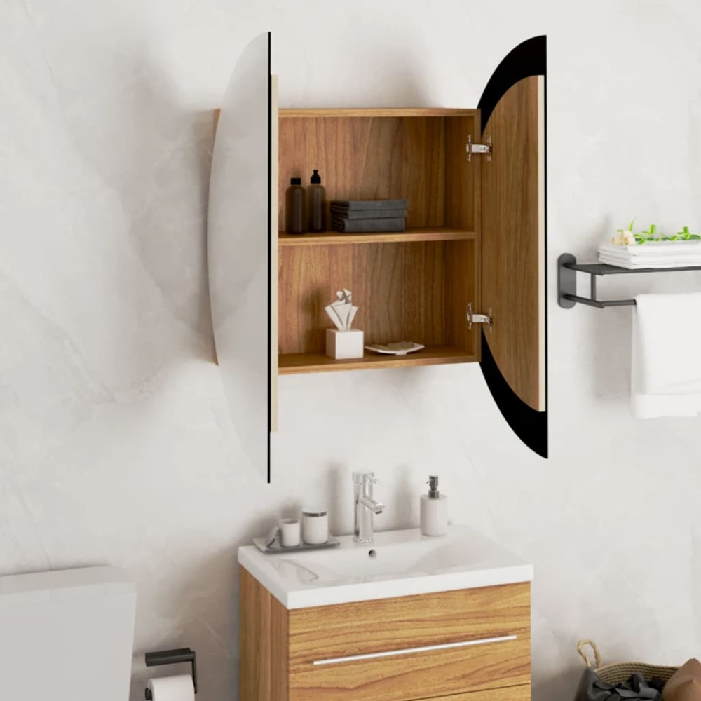 vidaXL 2 Door Oak Round LED Mirror Bathroom Cabinet Image 4