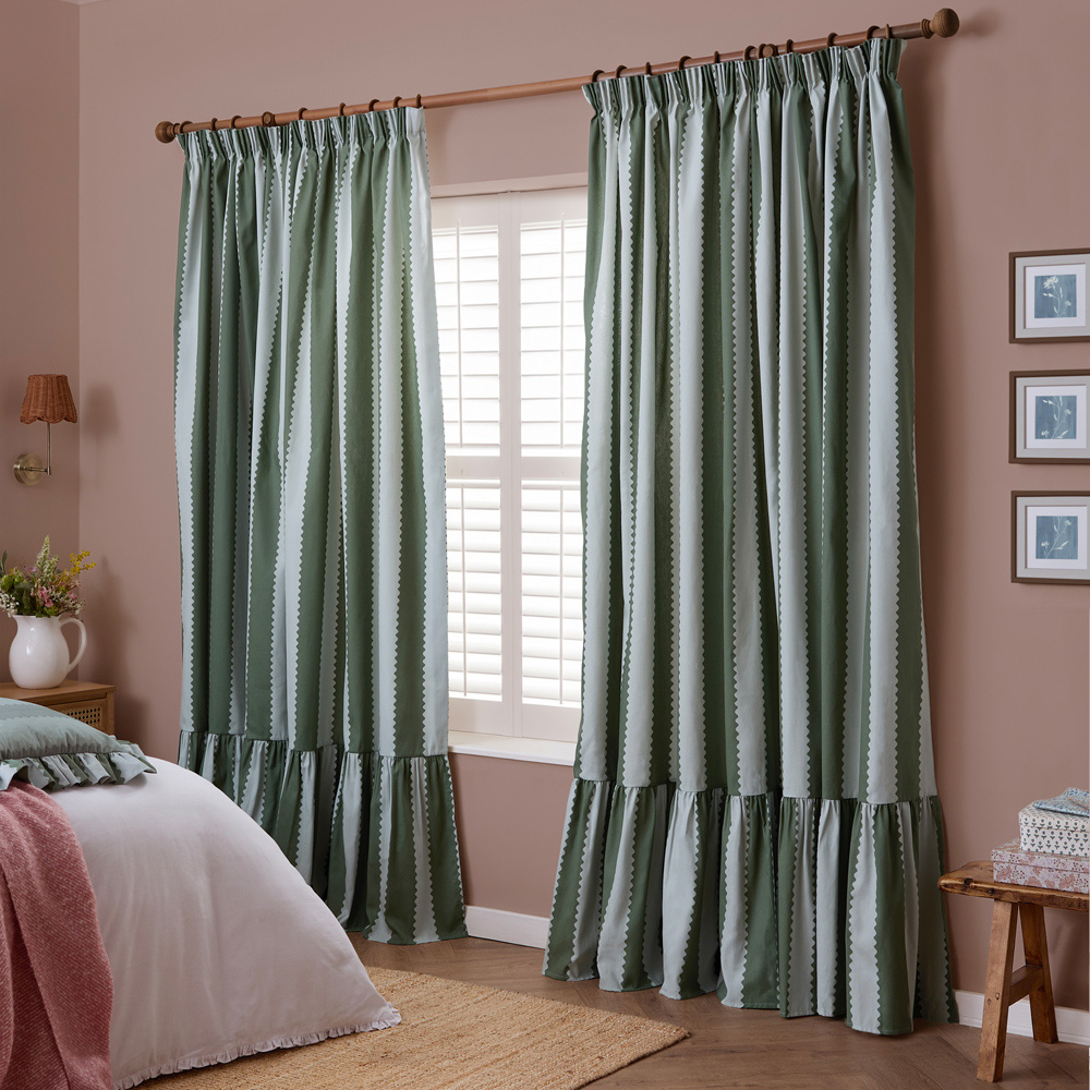 Furn Birdie Bay Green and Mist Stripe Cotton Fully Lined Pencil Pleat Curtains 168 x 183cm Image 1