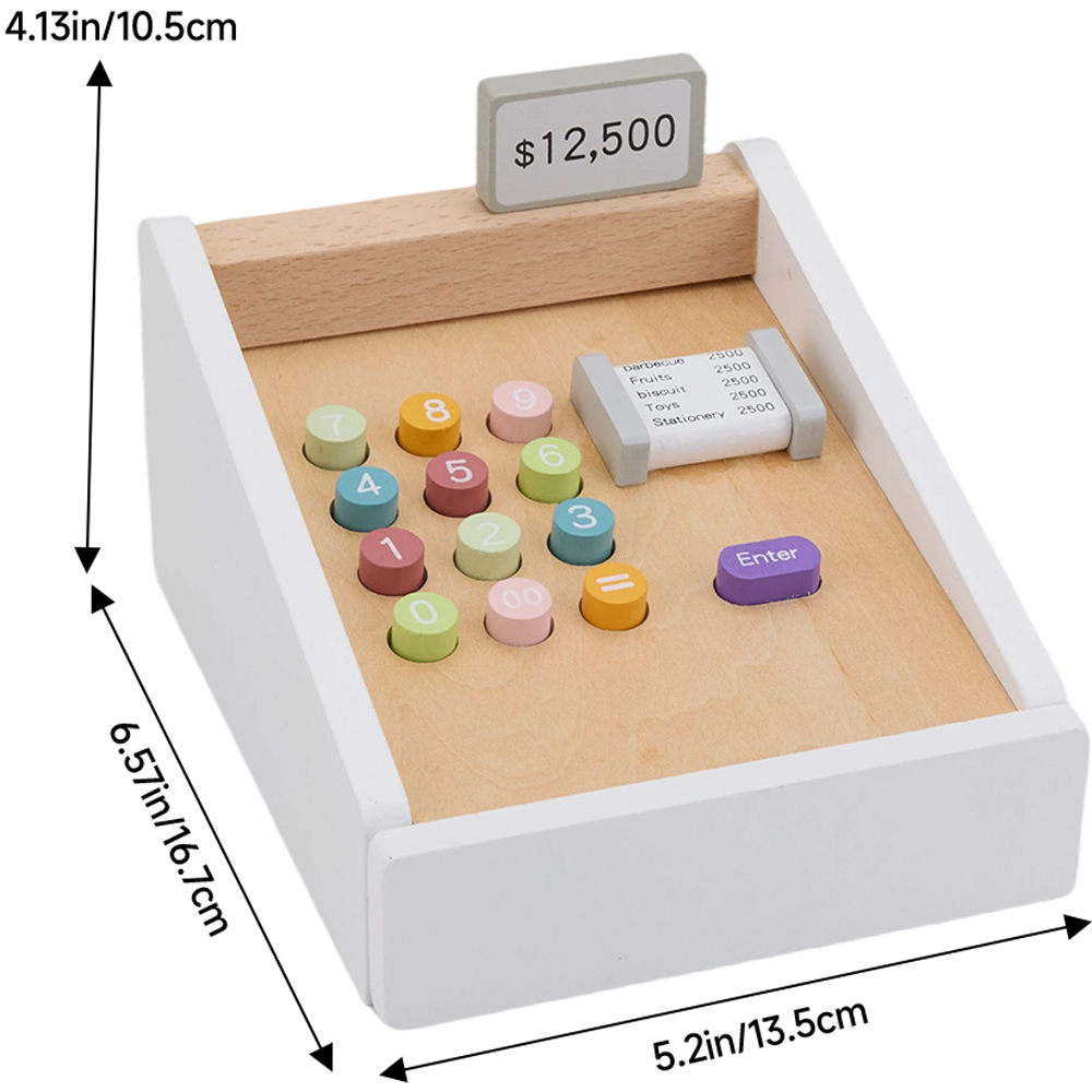 H&O Direct Kids Wooden Cash Register Toy Pretend Play Set with Money Scanner and Card Machine Image 6