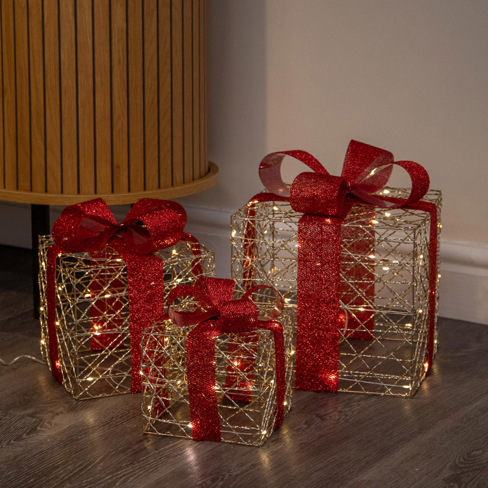 Samuel Alexander 90 Warm White LED Gold Parcel Christmas Decoration Set of 3 Image 1