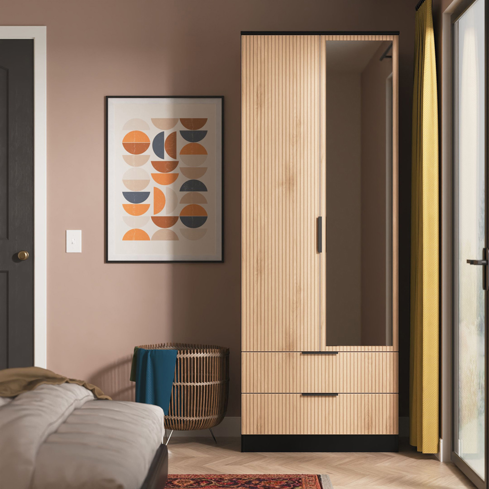 Crowndale Java 2 Door 2 Drawer Slatt Effect and Black Tall Mirrored Wardrobe Ready Assembled Image 8
