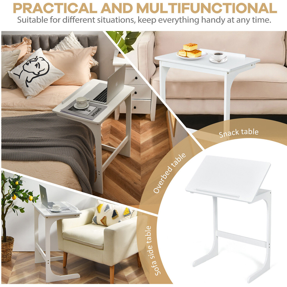 Costway C Shaped White Adjustable Bamboo Side Table Image 5