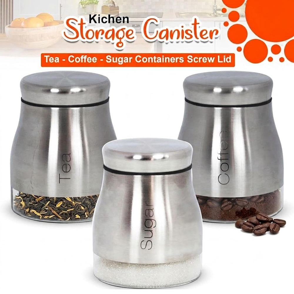 ATEK 3 Piece Tea Coffee and Sugar Silver Kitchen Canister Set Image 7