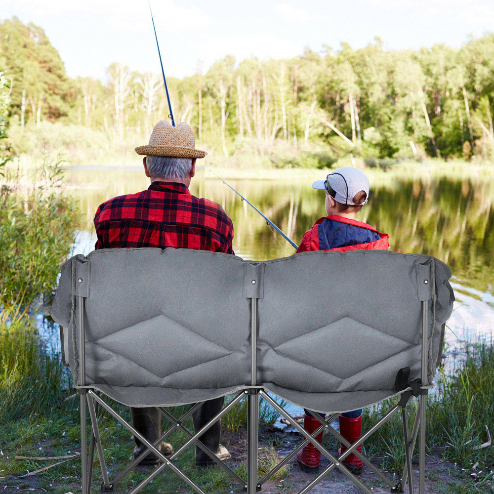 Costway 2 Seater Grey Folding Camping Chair with Padded Seat Image 4