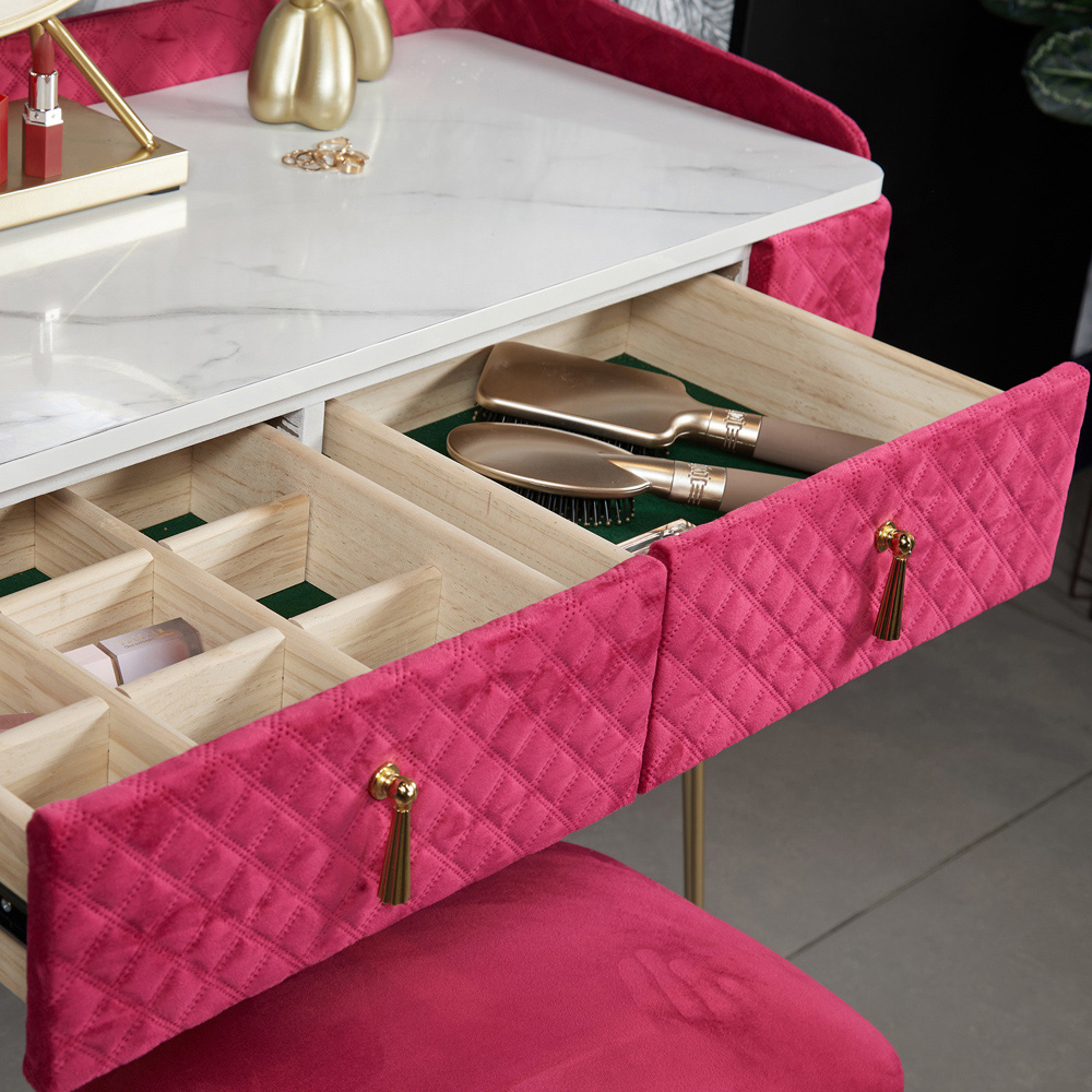 CARME Home Tokyo Glow 2 Drawer Raspberry Velvet Dressing Table Set with LED Mirror Image 3