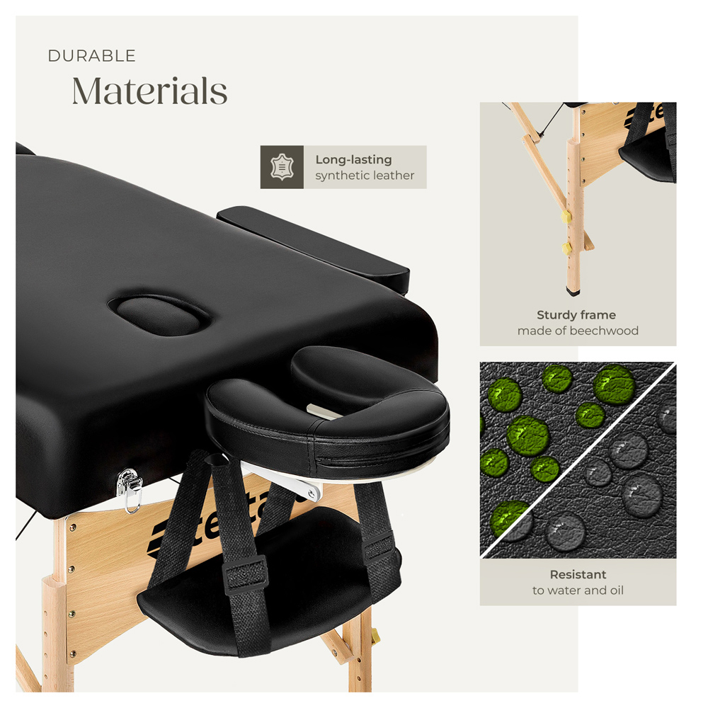 tectake Black 3 Zone Somwang Massage Table with Headrest Armrests Footrest and Bolster Set Image 8