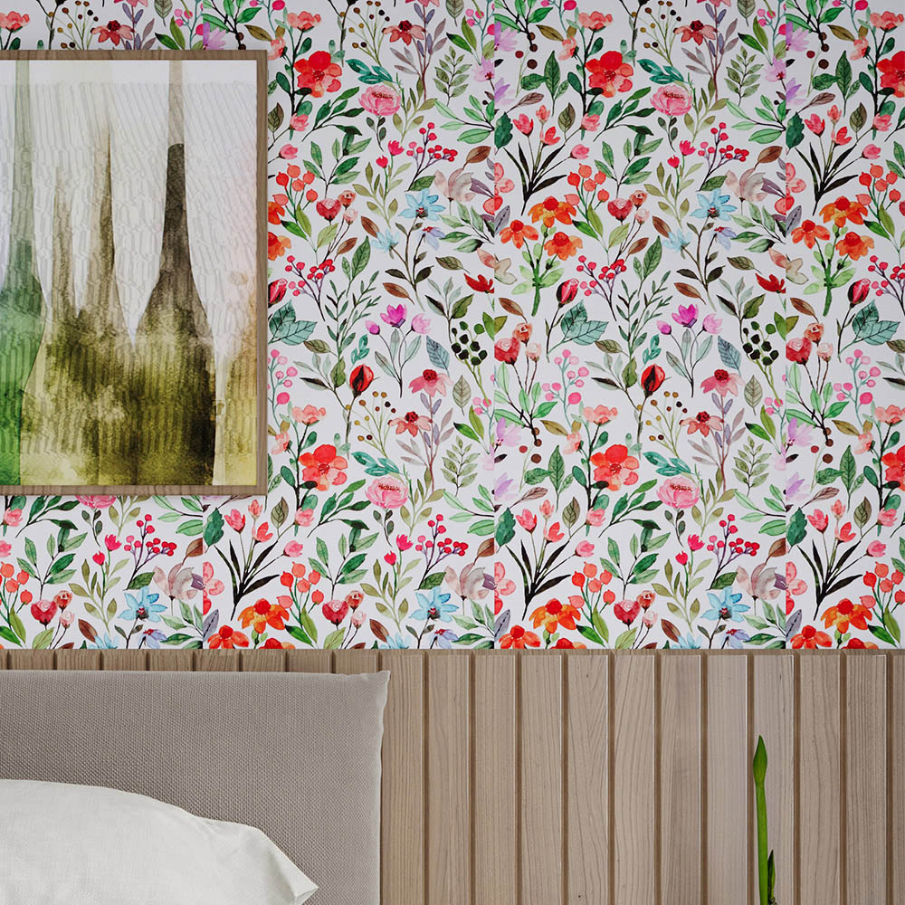 Living and Home Floral Pattern Red and White Peel and Stick Wallpaper Image 2