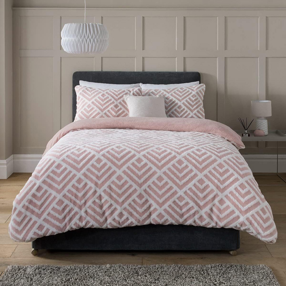 Smart Living Super King Size Blush Pink Geo Jacquard Fleece Duvet Set Image 1