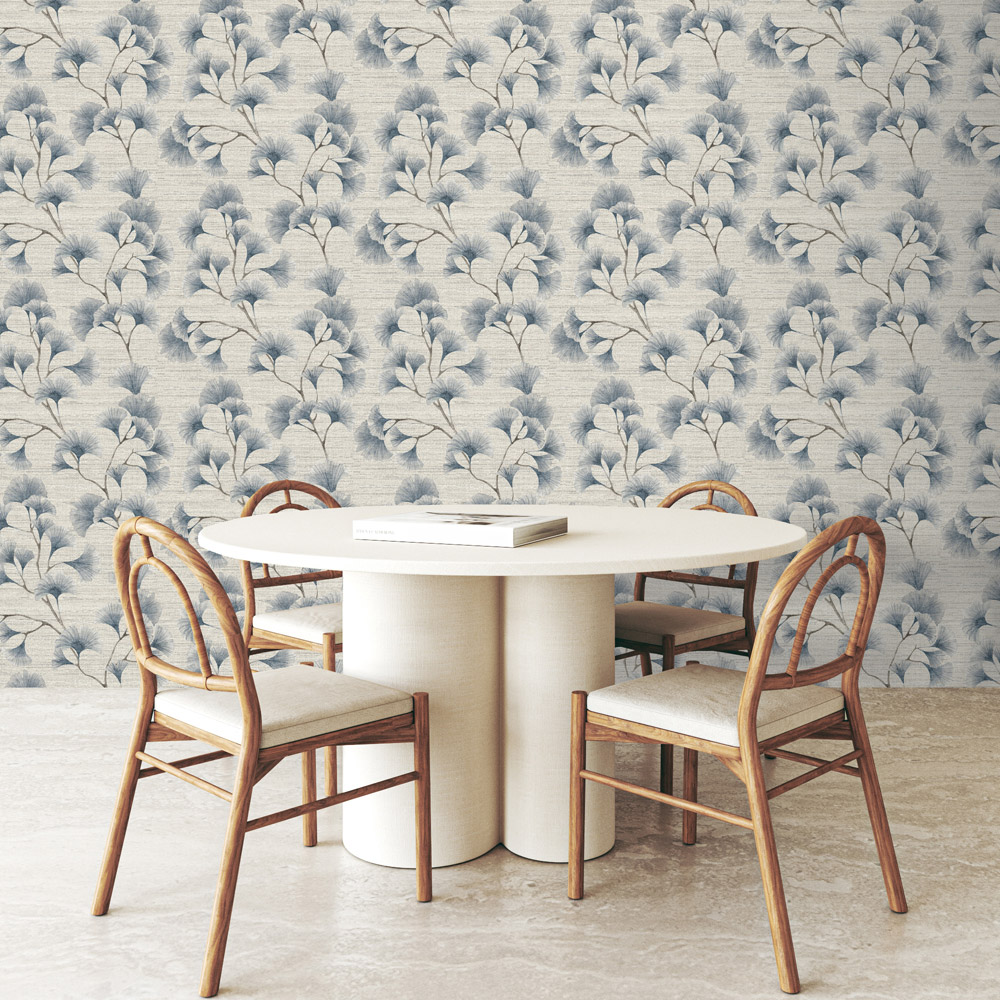 Arthouse Ginkgo Leaf Trail Blue and Grey Wallpaper Image 2