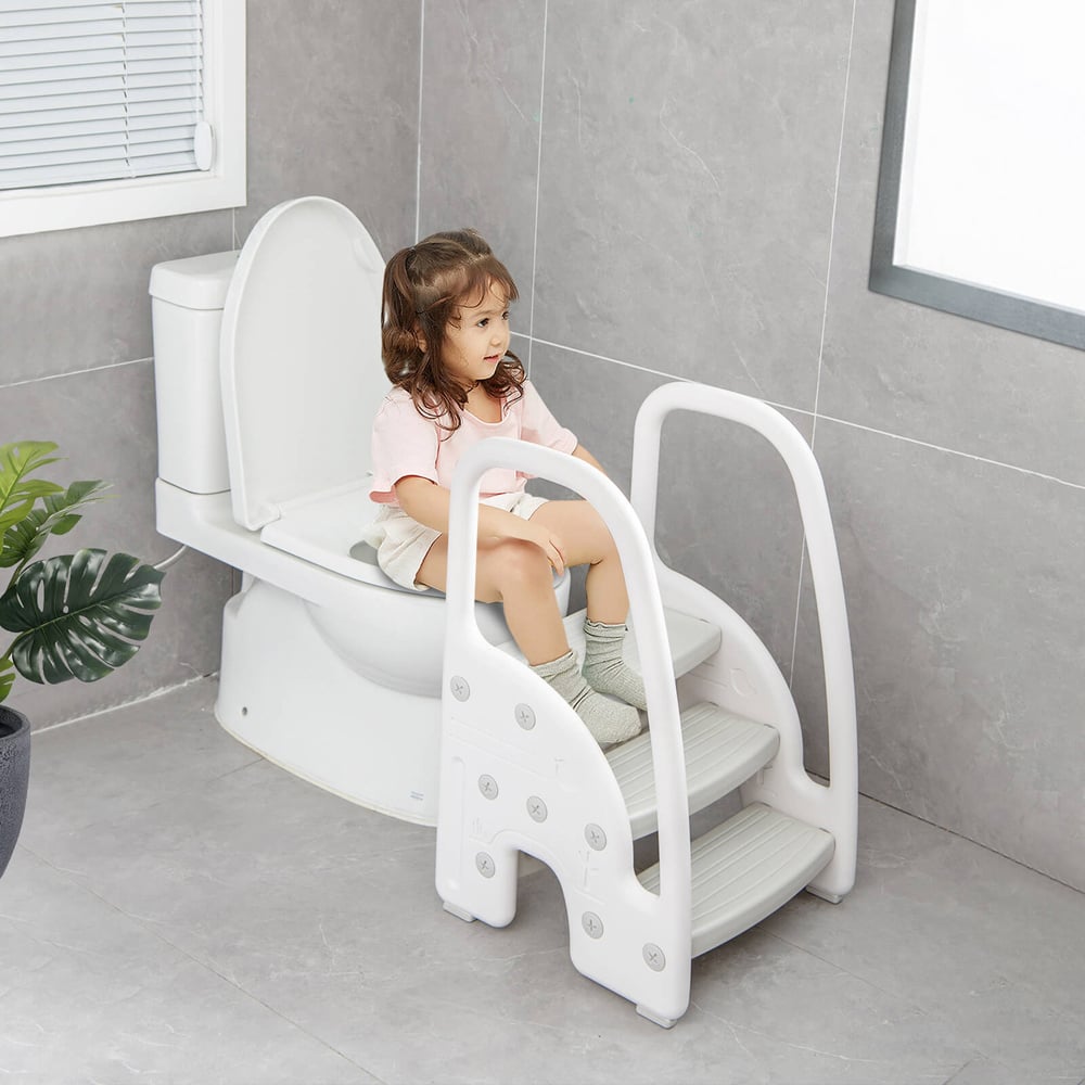 Costway Grey Dual Height Kids Learning Step Stool with Safety Handles Image 4