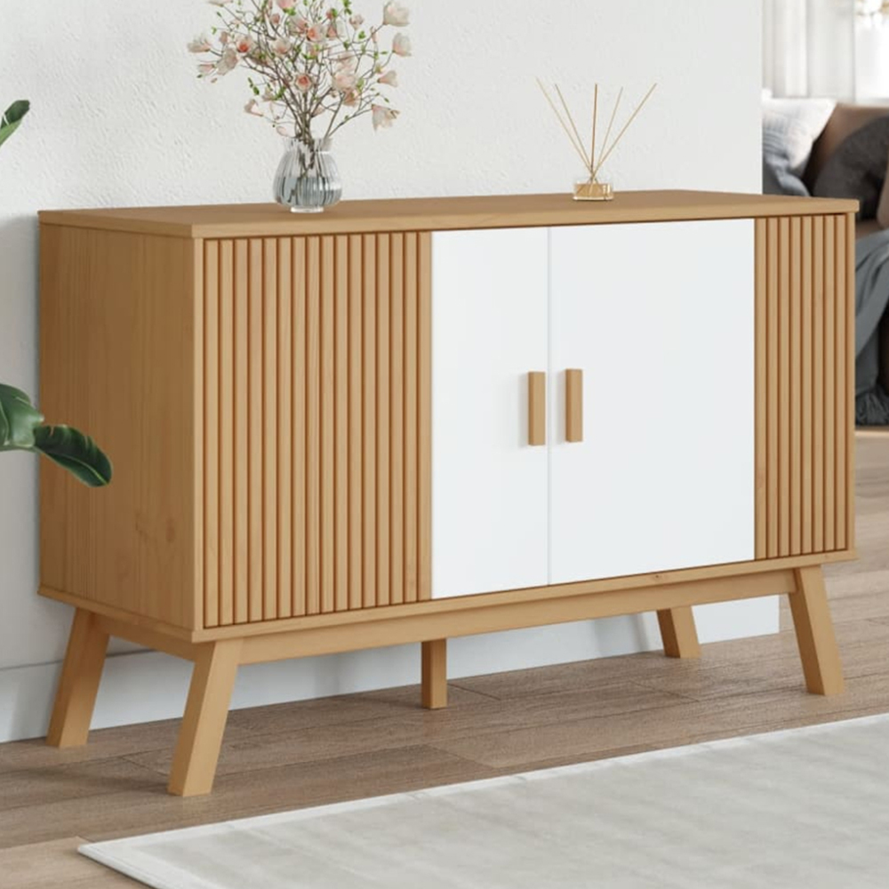 vidaXL Olden 2 Door White and Brown Solid Pine Wood Sideboard Image 1