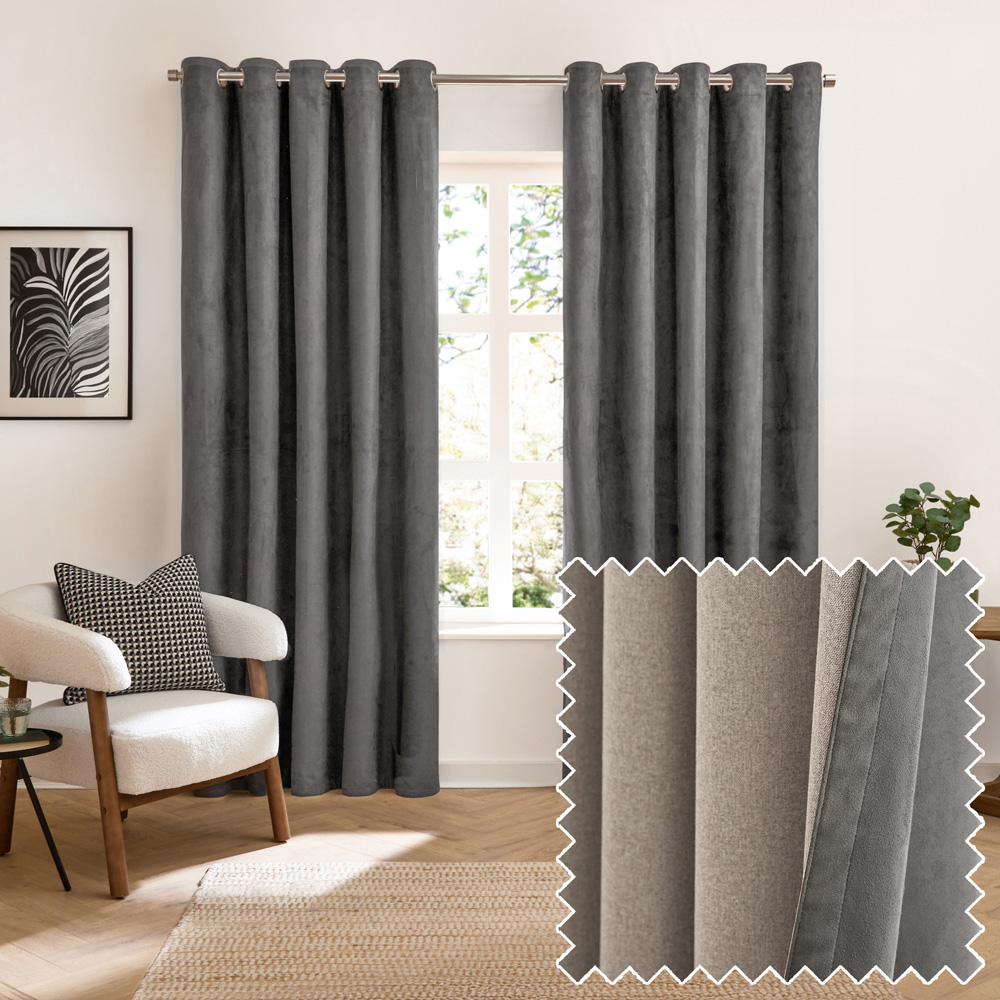 Furn Verso Charcoal Reversible Suede-Look Blackout Eyelet Curtains 168 x 183cm Image 6