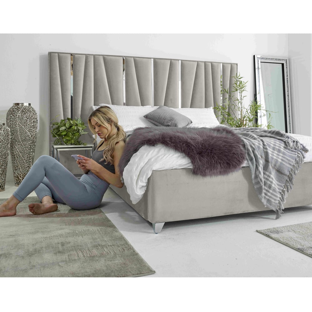 Eleganza Mila King Size Silver Plush Velvet Bed Frame with Lined Headboard Image 6