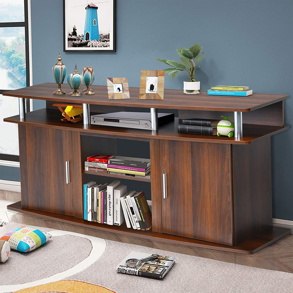 Costway 2 Door 3 Shelf Brown Wooden TV Unit Image 1