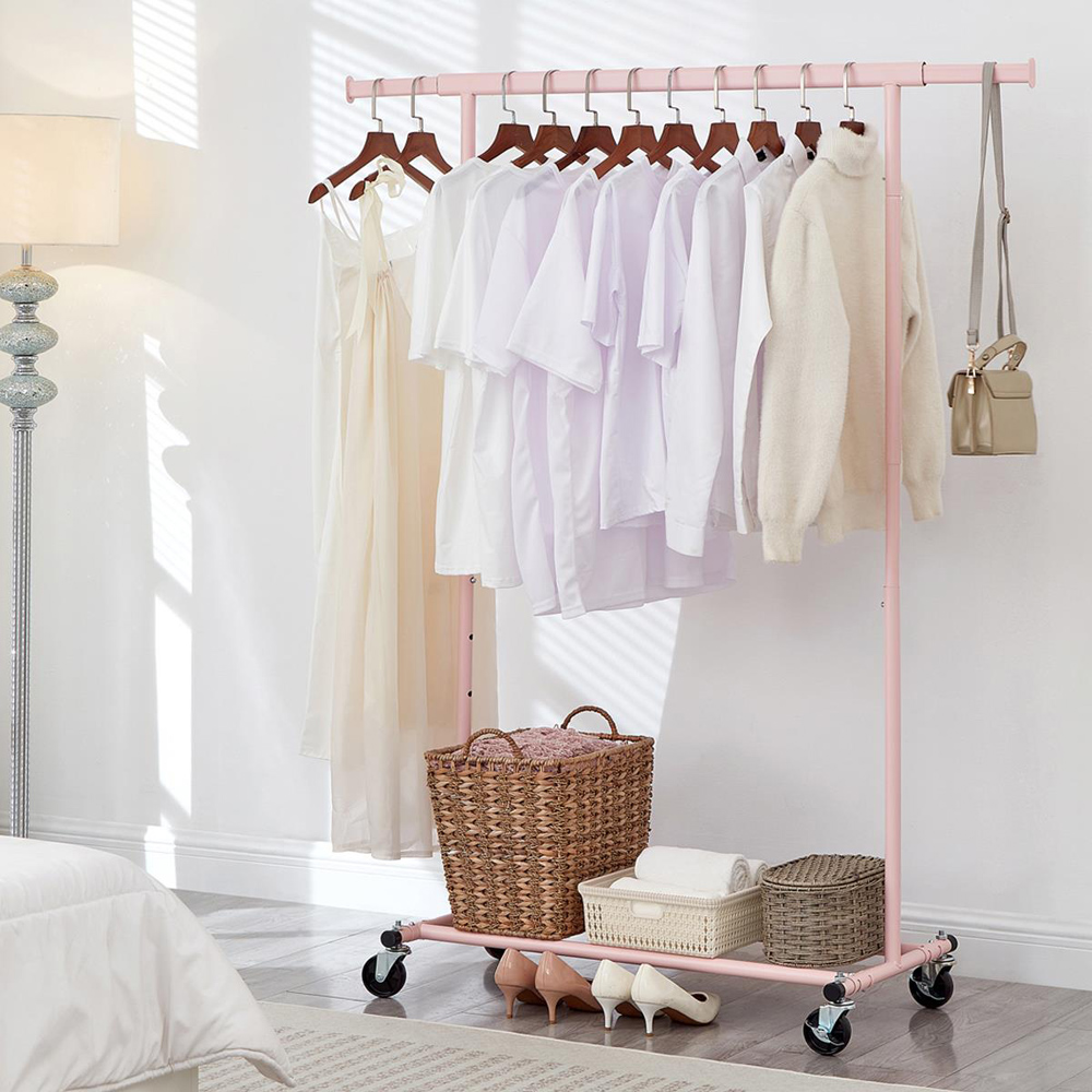House Of Home Single Shelf Pink Heavy-Duty Adjustable Rolling Clothes Rail Image 2