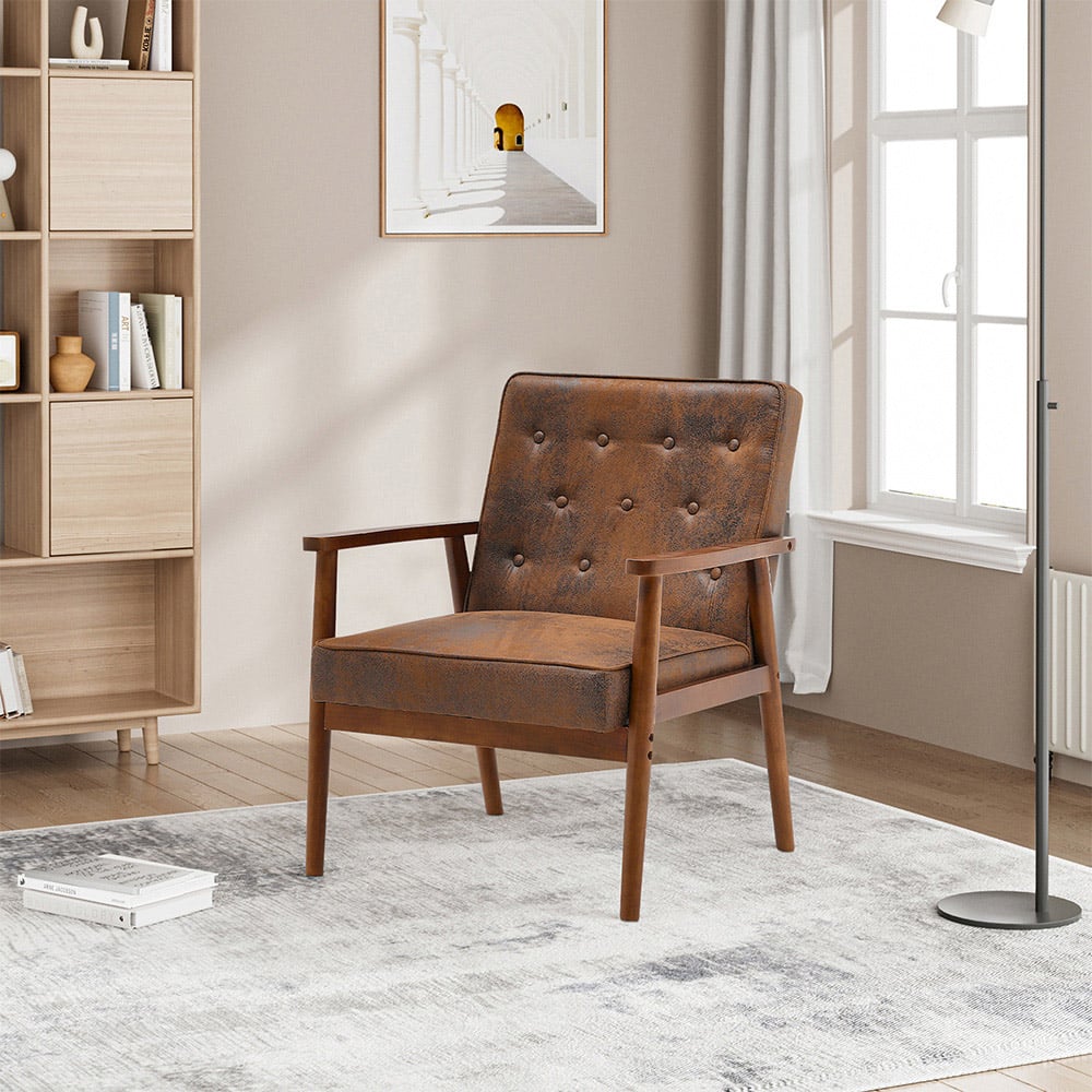 Living and Home Brown Linen Cushion Modern Wood Frame Upholstered Lounge Chair Image 3