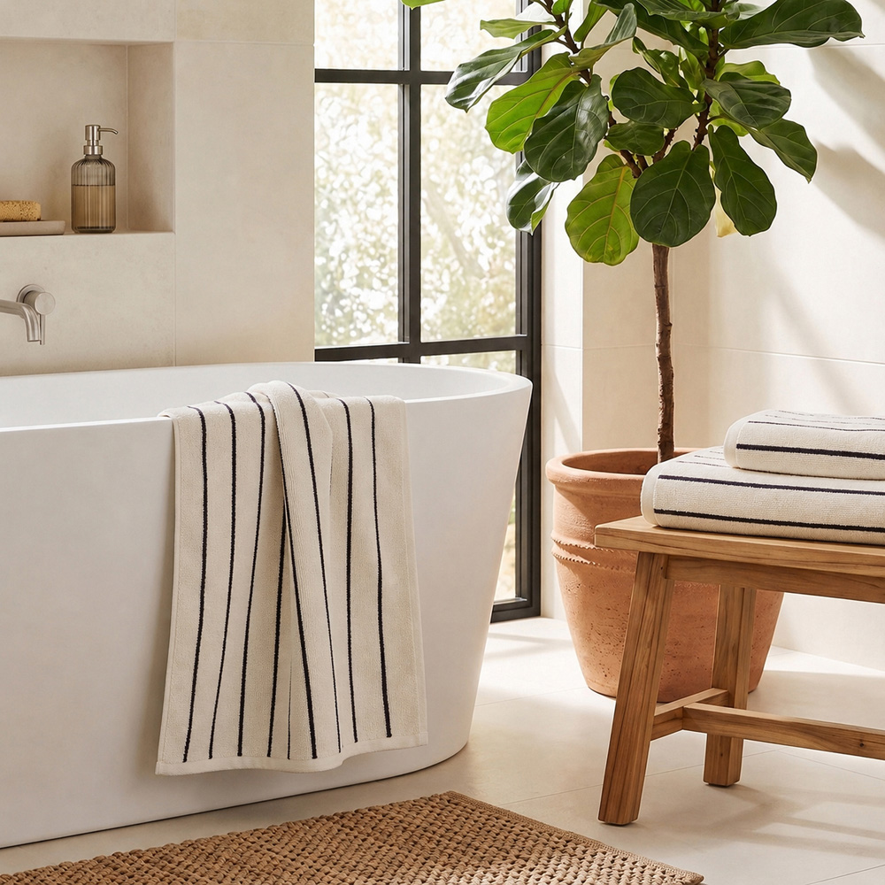 Allure Bath Fashions Cream and Black Strand Striped Large Bath Sheet 100 x 150cm Image 2