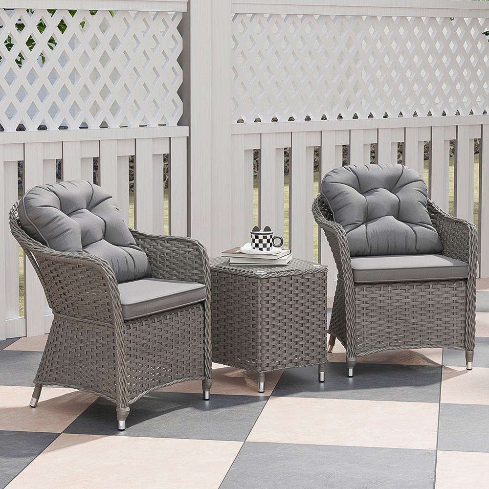 Outsunny 2 Seater Grey Rattan Bistro Set with Soft Cushions Image 1